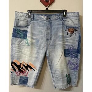 Staple Men’s Size 42 Light Blue Graphic Embroidered Outdoor Denim Shorts! M1465